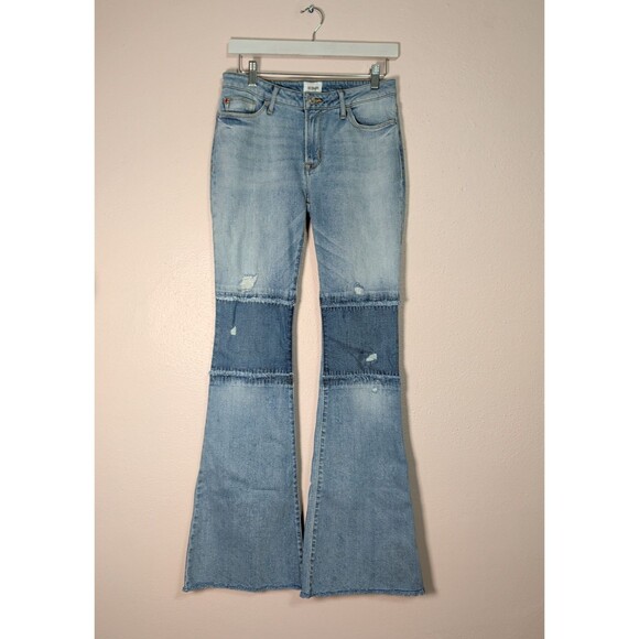 Hudson Womens 27 Light Wash Distressed Patchwork Flare Ultra Soft Jeans Raw Hem - Picture 3 of 16